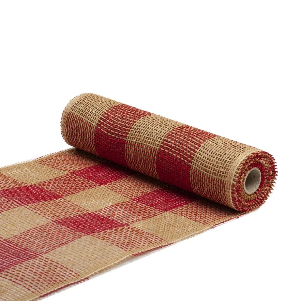 DECOR MESH 12″ X 5 YDS RED/ TAN CHECK BURLAP LOOK