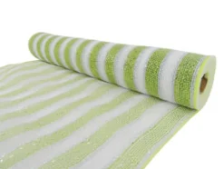 DECOR MESH 21″ X 10 YDS WHITE W/ LIME/SILVER STRIPE