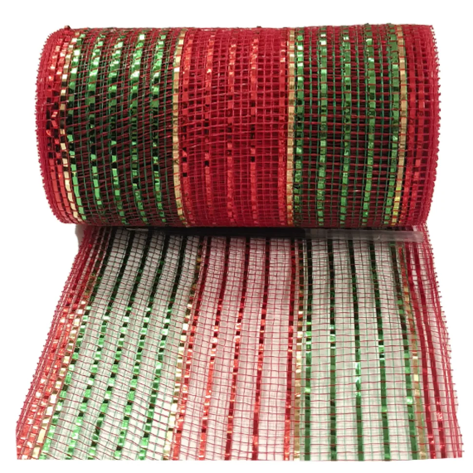 DECOR MESH 6”x10 YDS. RED EMERALD W/ RED, EMERALD & CHAMAPAGNE METALLIC