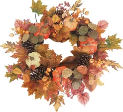 FALL WREATH 24″ PUMPKIN/PINECONE/MAPLE LEAVES W/ BERRIES ORANGE/MULTI