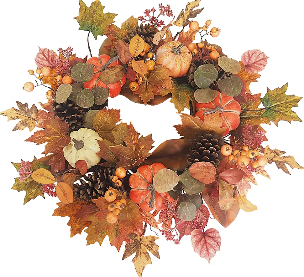 FALL WREATH 24″ PUMPKIN/PINECONE/MAPLE LEAVES W/ BERRIES ORANGE/MULTI