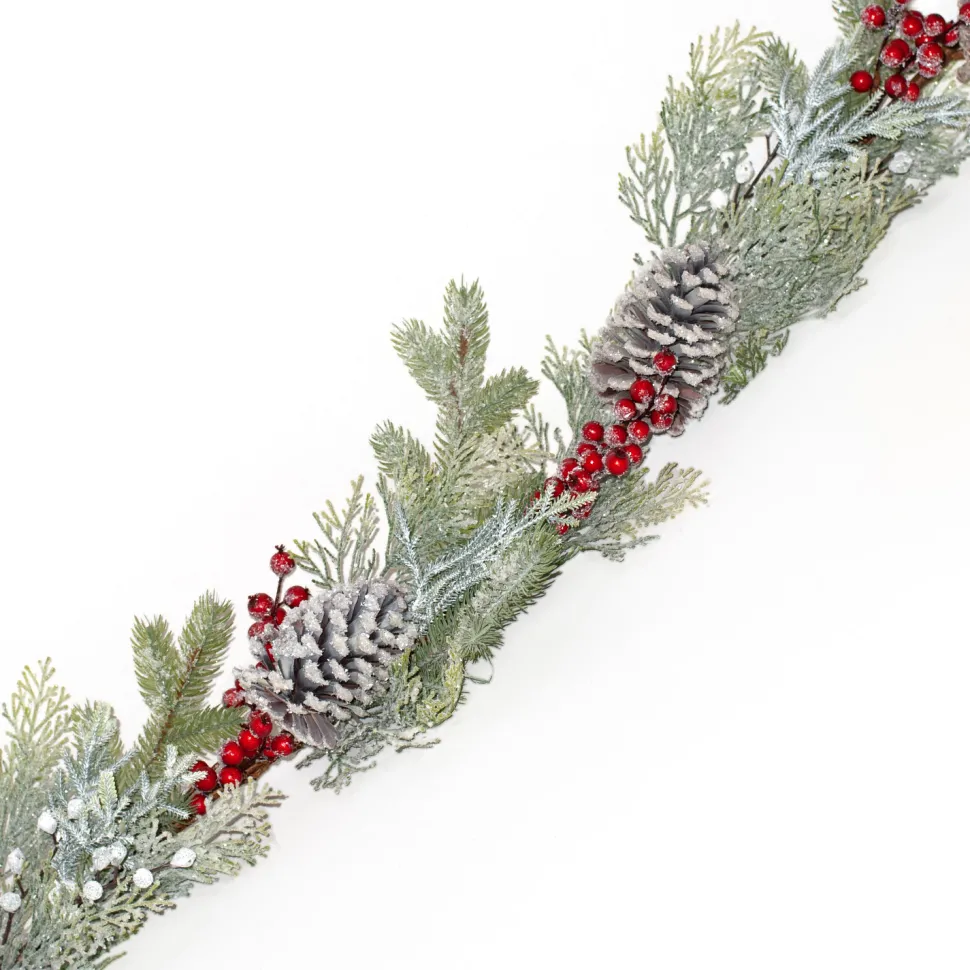 GARLAND GRN 72″ MIXED PINE, CEDAR, RED BERRIES,& CONES FROSTED & ICED