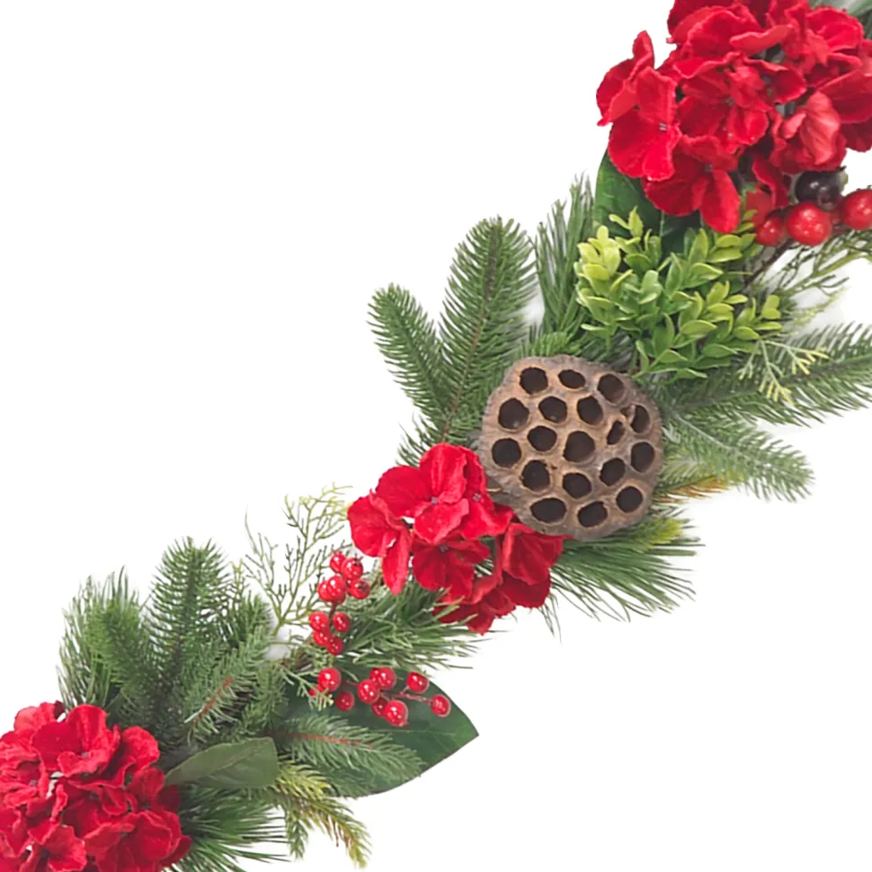 GARLAND RED HYDRANGEA W/ LOTUS PODS, MIXED GREENS & RED BERRIES