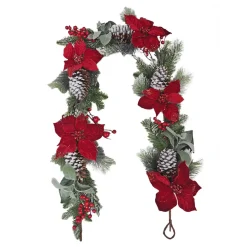GARLAND RED POINSETTIA 72″ FLOCKED PINE CONE RED/GREEN/WHITE
