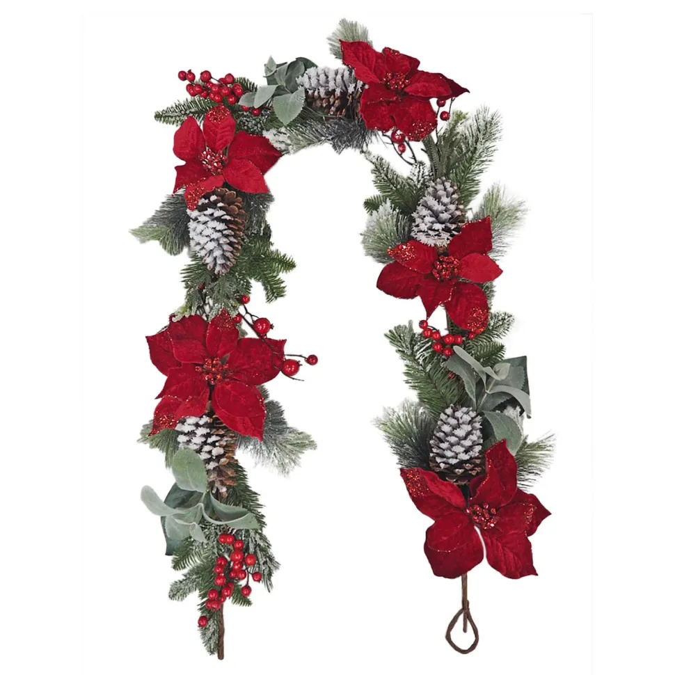 GARLAND RED POINSETTIA 72″ FLOCKED PINE CONE RED/GREEN/WHITE