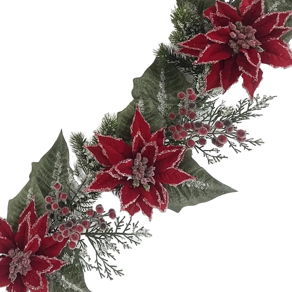 GARLAND RED POINSETTIA 60″ ICED W/ MIXED GREENS & ICED BERRIES