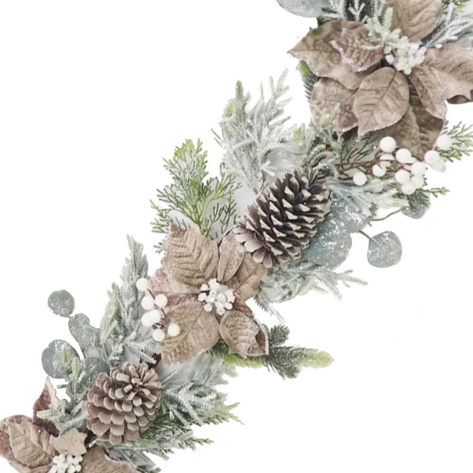 GARLAND TAUPE POINSETTIA 72″ FROSTED MIXED GREENS & WHITE BERRIES