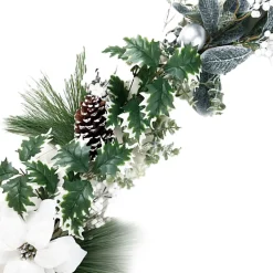 GARLAND WHITE POINSETTIA 60″ W/ MIXED PINE, HOLLY & SILVER BALLS