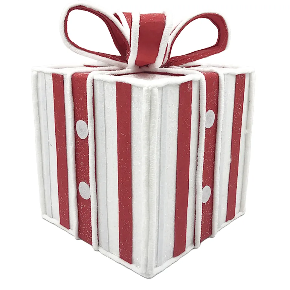 GIFT BOX CANDY CANE TABLE DECOR 8.5″x11″ RED/WHITE W/ FAUX FAUR TRIM & GLITTER