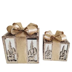 GIFT BOX TABLE DECOR 6″/8″ 2PC SET CHAMPAGNE GOLD W/ GLITTER BOW