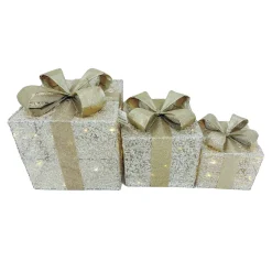 GIFT BOX TABLE DECOR 3PC SET 6”+10L/8”+20L/10″+20L CHAMPAGNE GOLD FABRIC W/ GLITTER & BOW W/ TIMER