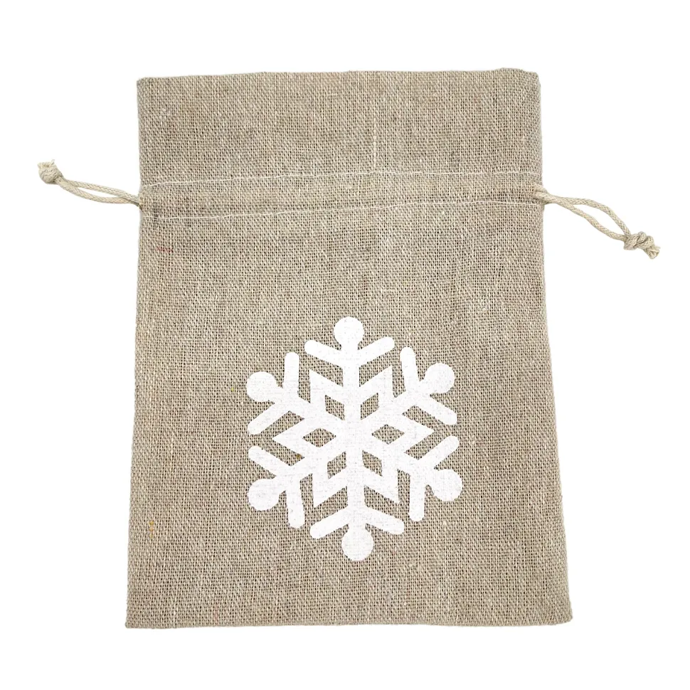 GIFT SACK NATURAL 6.5″ W/ WHITE SNOWFLAKE BURLAP