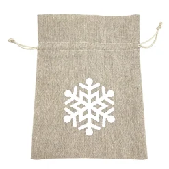 GIFT SACK NATURAL 8″ W/ WHITE SNOWFLAKE BURLAP