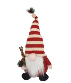 GNOME PLUSH STANDING WITH RED/WHITE STRIPES HAT HOLDING PINE AND BERRY 16″H