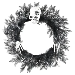 HALLOWEEN WREATH 22″ PINE W/ SKULL, BAT & SPIDER BLACK/WHITE