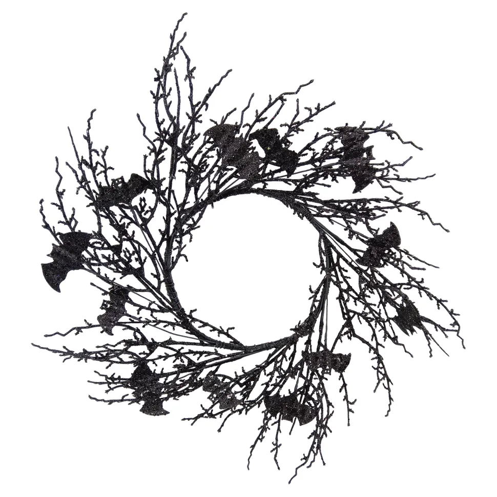 HALLOWEEN WREATH TWIGS W/ SPIDERS 23″ BLACK GLITTER