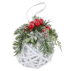 HANGING BALL 6″ WHITE TWIGS W/ RED BERRY & MIXED PINE