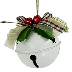 JINGLE BELL WHITE SHINY 3″ W/ PINE & SHEER BOW