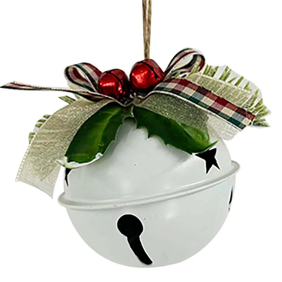 JINGLE BELL WHITE SHINY 3″ W/ PINE & SHEER BOW