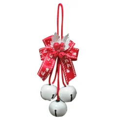 JINGLE BELL WHITEx3 35MM W/ RED-WHITE RIBBON BOW, RED BERRIES/MINI BELLS & SILVER LVS.
