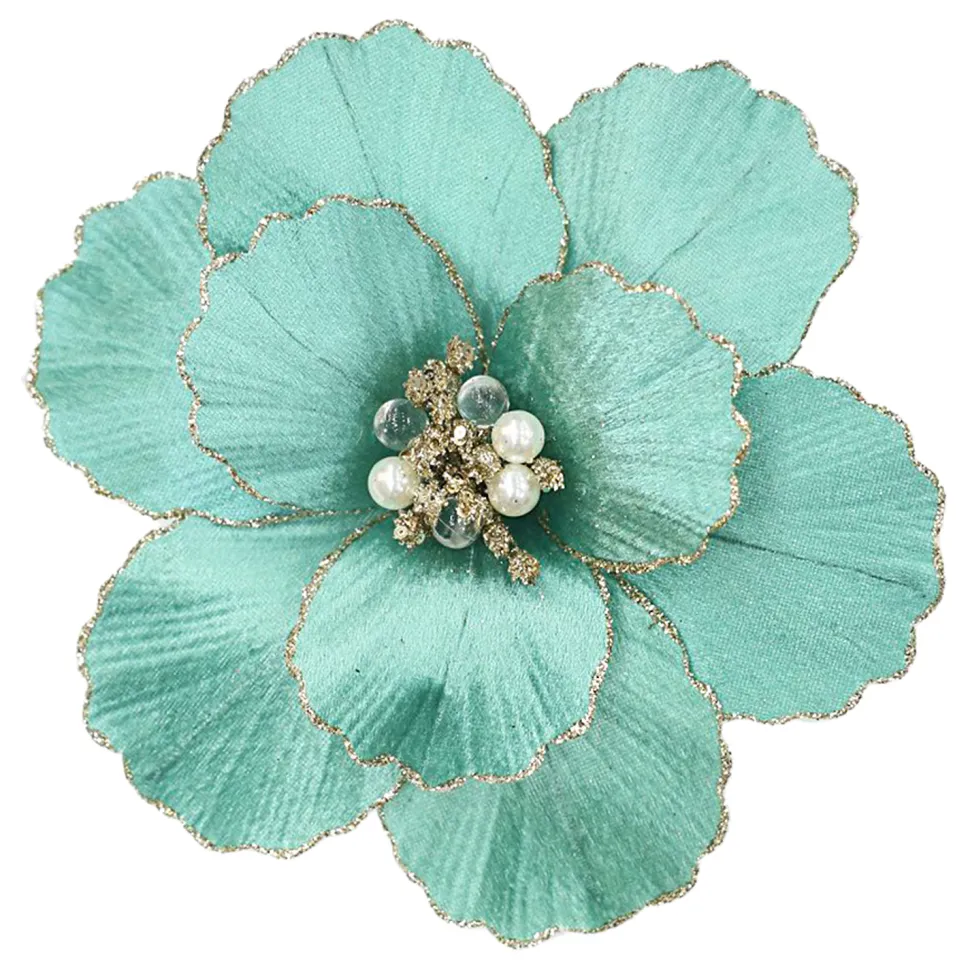 MAGNOLIA HEAD GREEN AQUA 9″ VELVET CH GLITTER EDGE & CLIP
