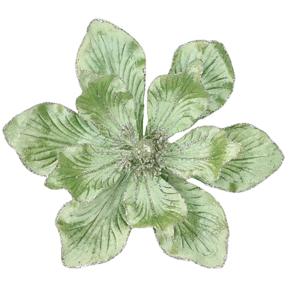 MAGNOLIA HEAD GREEN SAGE 10″ VELVET W/ SILVER GLITTER & CLIP