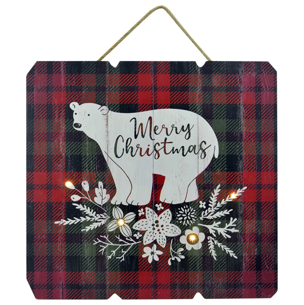 MDF WALL DECOR 16″X16″ 4 LED BEAR PRINT ON RED/ BLK BUFFALO PLAID (TMR)