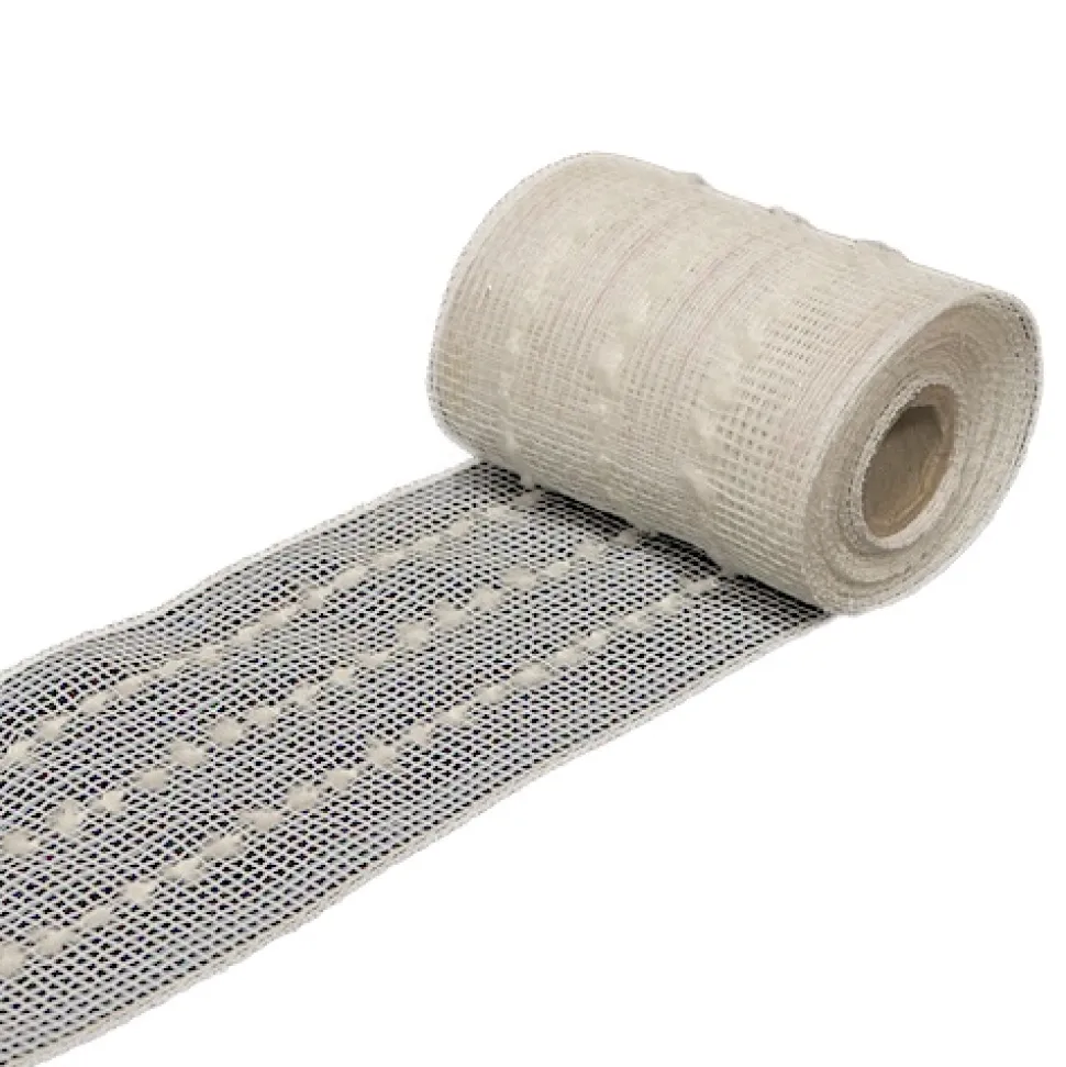 MESH RIBBON 5.5″ X 10 YDS WHT/ IRR W/COTTON STRIPES