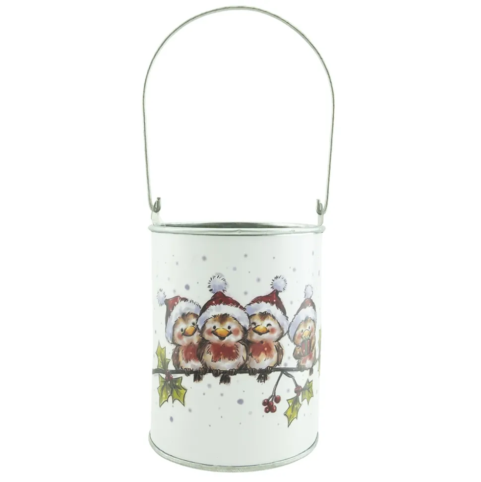 METAL CAN 4.5″ WHITE W/BIRDS WITH SNOWMAN HAT ON BRANCH PICTURE