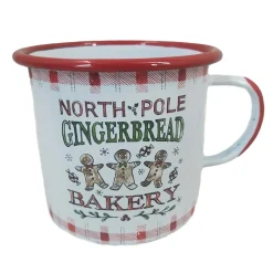 METAL ENAMEL MUG 4″ W/ “NORTH POLE GINGERBREAD BAKERY”
