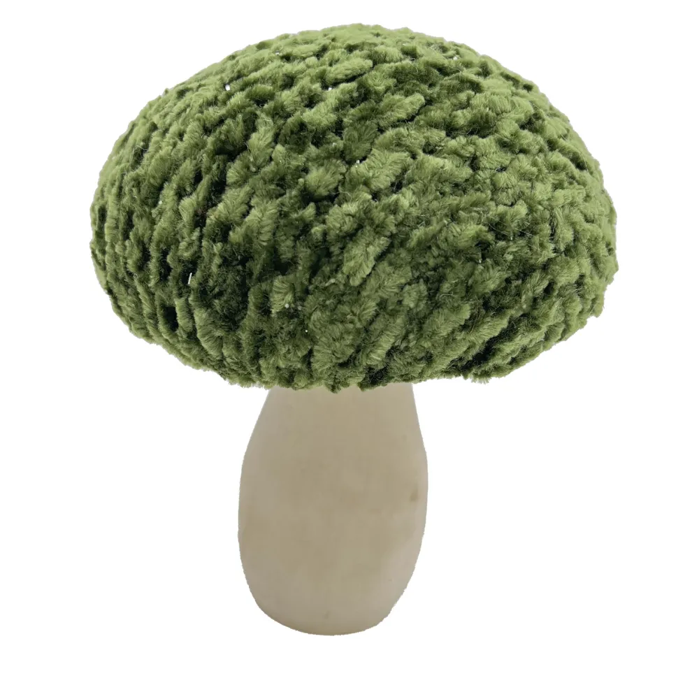 MUSHROOM WOODEN BODY|FABRIC CAP GREEN/NATURAL 4.5″ GLITTER/FROSTED