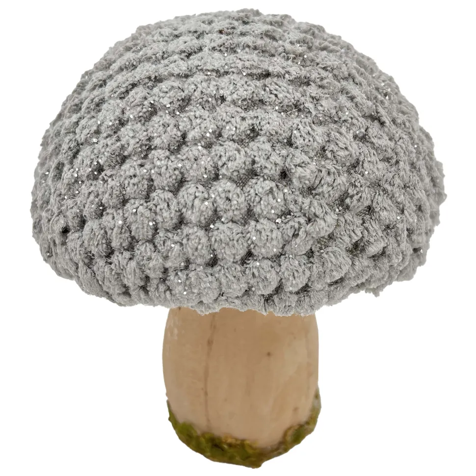 MUSHROOM WOODEN BODY|FABRIC CAP GREY/NATURAL 4.5″ GLITTER/FROSTED