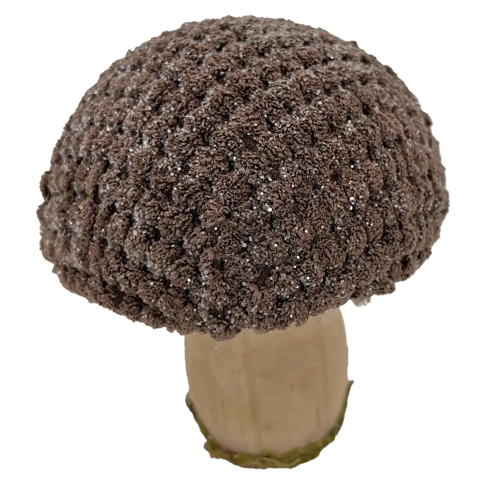 MUSHROOM WOODEN BODY|FABRIC CAP BROWN/NATURAL 4.5″ GLITTER/FROSTED