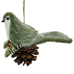 ORN BIRD FAUX FUR GREEN 6″ W/ PINECONE