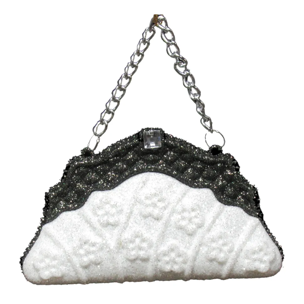 ORN BLACK/WHITE HAND BAG 3″ W/ CHAIN, JEWEL & GLTR.