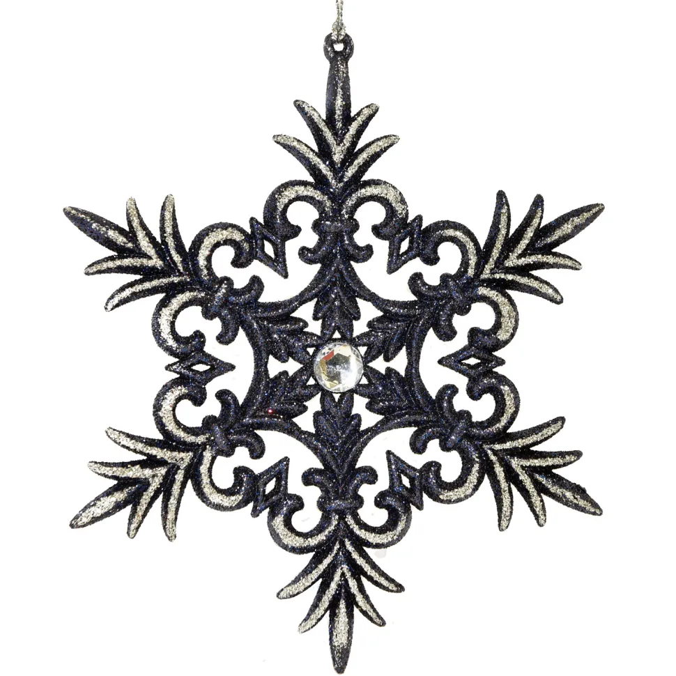 ORN BLUE / CHAMPAGNE SNOWFLAKE 6″ W/SILVER GLITTER W/ JEWEL