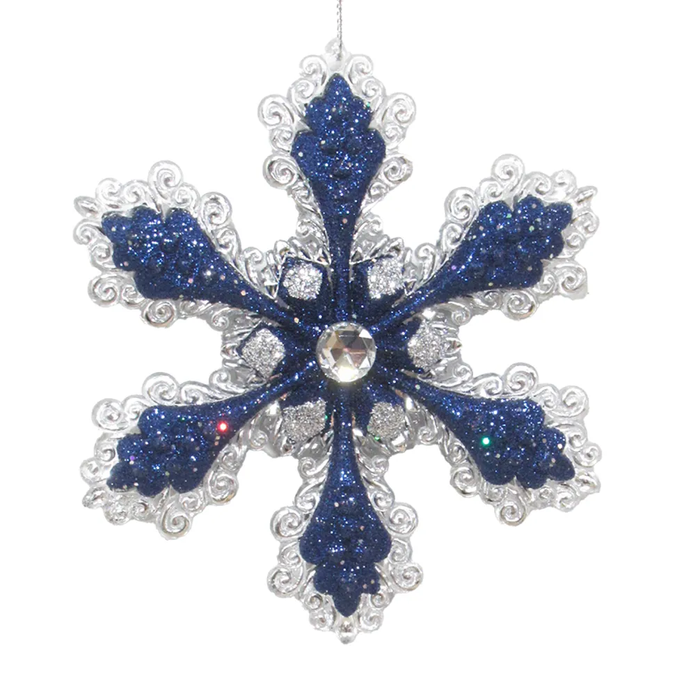 ORN BLUE SILVER SNOWFLAKE 4.75″ W/ JEWEL & GLTR.