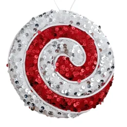 ORN CANDY CANE SWIRL 6″ RED/WHITE SEQUINS