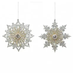 ORN CHAMPAGNE / SILVER SNOWFLAKE 5″ W/ GLITTER & JEWEL 2 ASST.