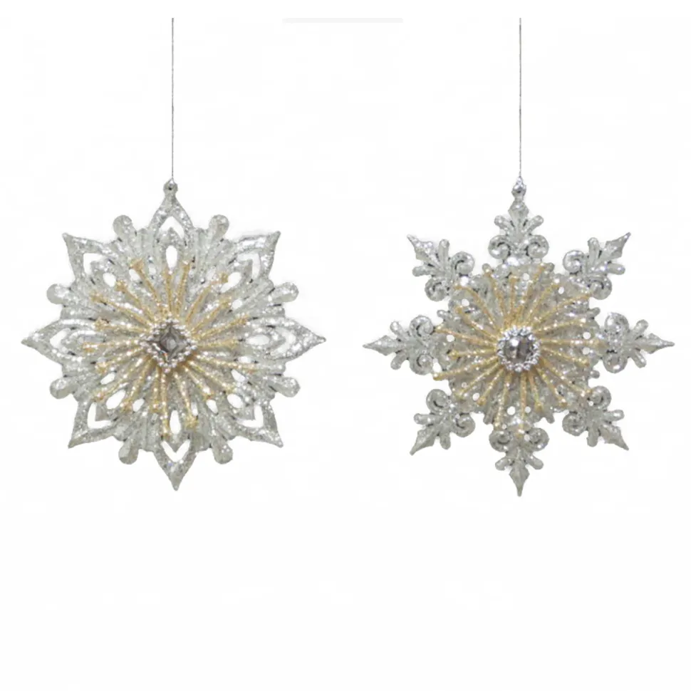ORN CHAMPAGNE / SILVER SNOWFLAKE 5″ W/ GLITTER & JEWEL 2 ASST.