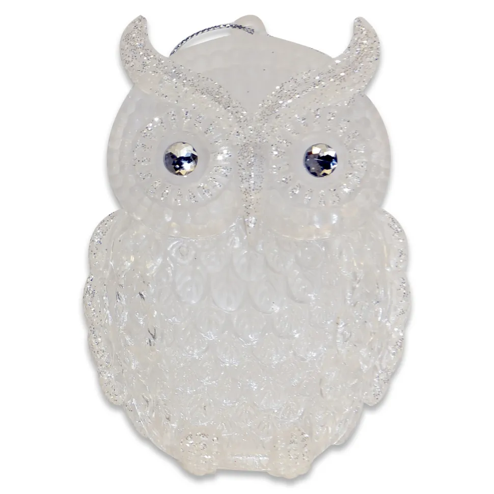 ORN CLEAR FROST OWL 4.25″ W/ GLITTER JEWEL EYES