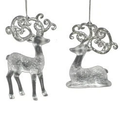 ORN CLEAR FROST REINDEER 4.5″ & 6″ W/ SILVER GLITTER 2ASSTD.
