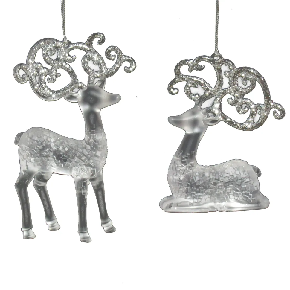 ORN CLEAR FROST REINDEER 4.5″ & 6″ W/ SILVER GLITTER 2ASSTD.