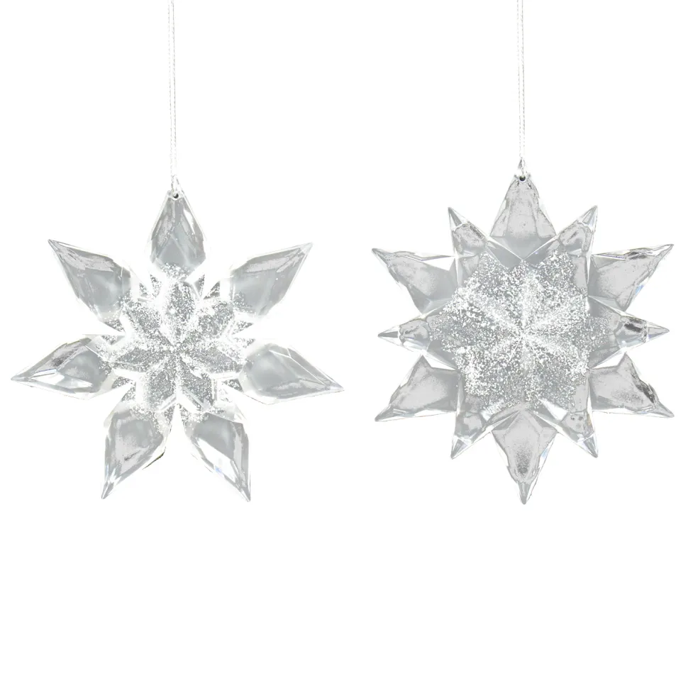 ORN CLEAR FROST SNOWFLAKE 4.75″ & 5″ W/ ICE WHITE GLITTER, 2 ASSTD.