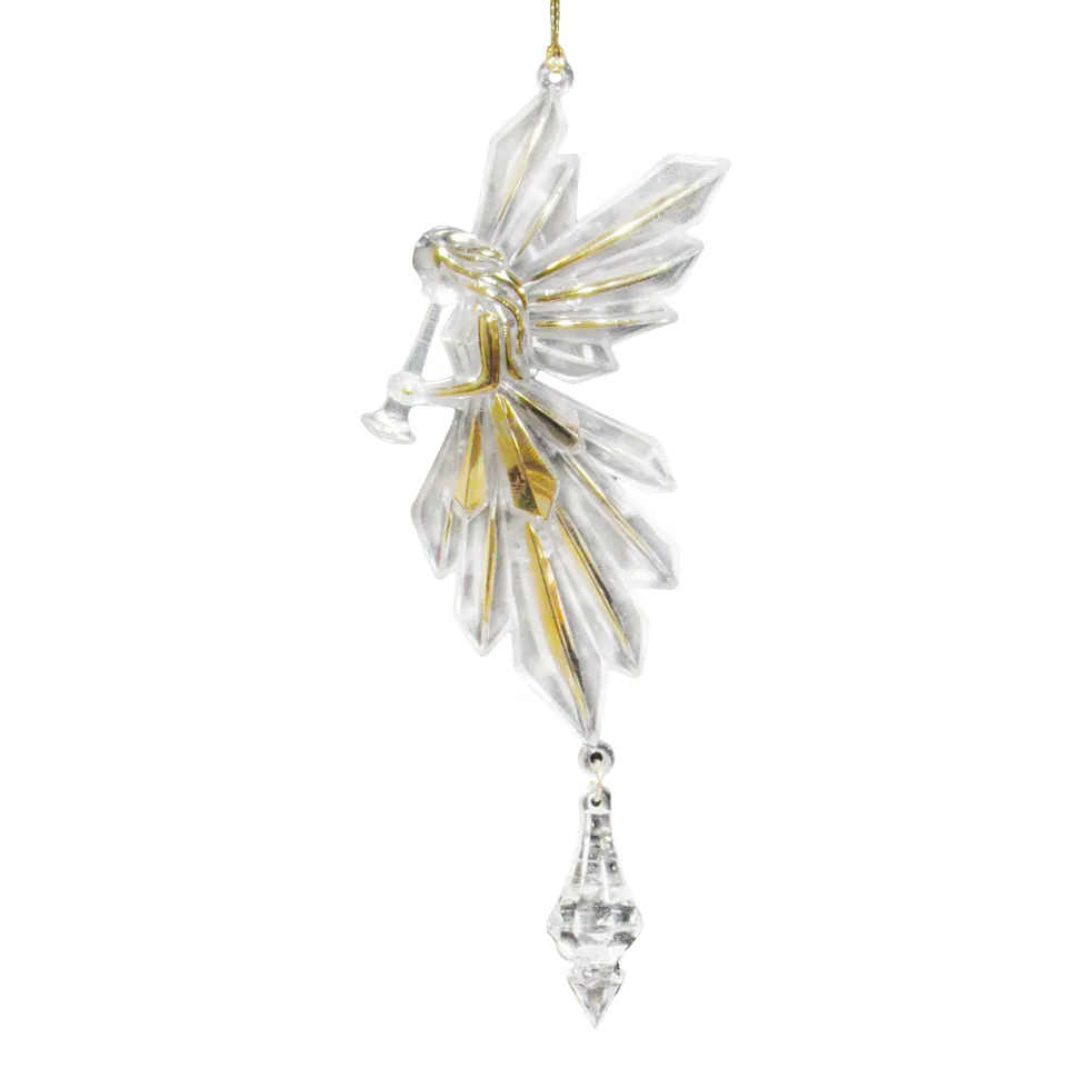 ORN CLEAR GOLD HANGING ANGEL 7.5″ W/ DIAMOND DROP & GOLD GLTR.