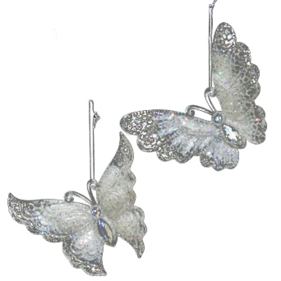 ORN CLEAR PEARL BUTTERFLY 4″ W/ ICE WHITE GLITTER, 2 ASSTD.