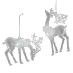 ORN CLEAR PEARL DEER 3.3″ & 5.5″ W/ ICE WHITE GLITTER, 2 ASSTD.