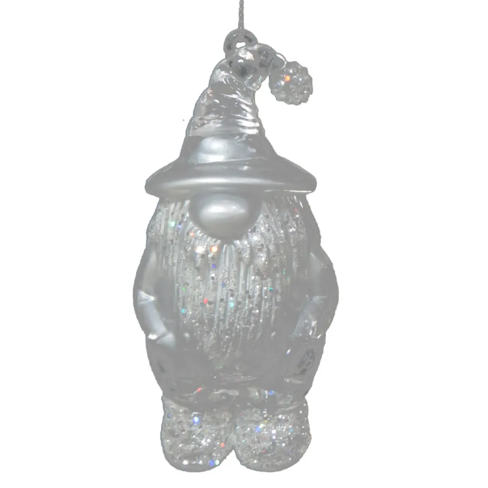 ORN CLEAR PEARL GNOME 4″ W/ ICE WHITE GLITTER