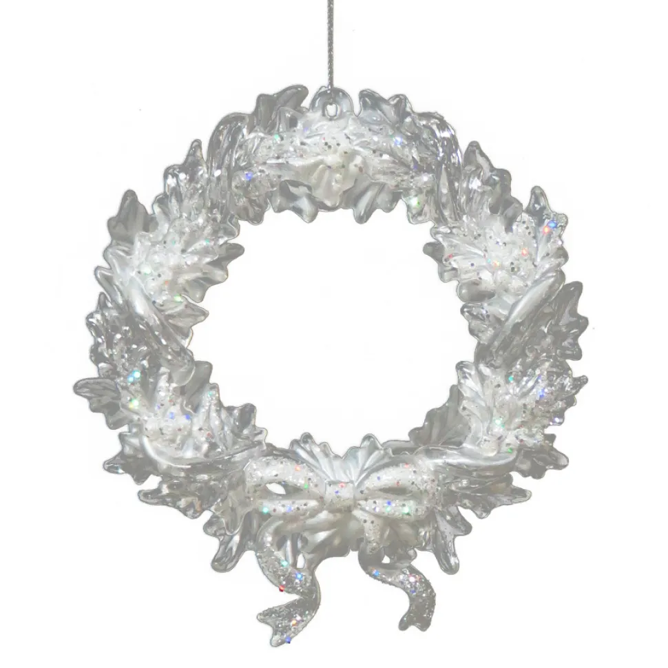 ORN CLEAR PEARL HOLLY WREATH 5.7″ W/ ICE WHITE GLITTER