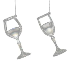 ORN CLEAR PEARL WINE GLASS 4.5″ W/ ICE WHITE GLITTER, 2 ASSTD.
